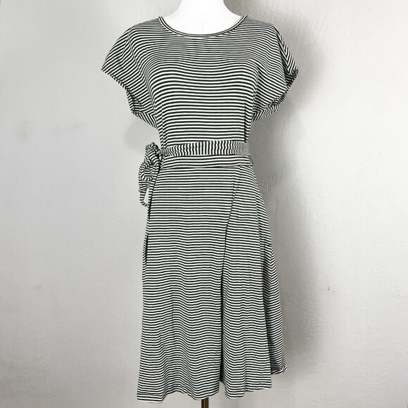 TOAD & CO Cue Faux Wrap Dress Organic Cotton Blend Green Striped Size Medium - Picture 1 of 12